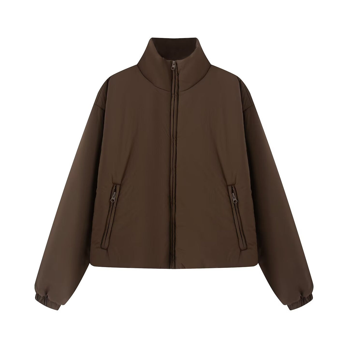 Women's Short Quilted Jacket with High Stand-Up Collar and Zipper Pockets EVA-US