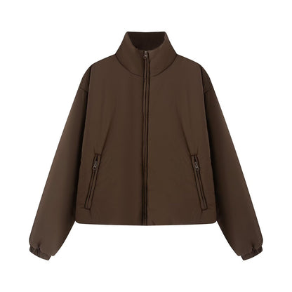 Women's Short Quilted Jacket with High Stand-Up Collar and Zipper Pockets EVA-US