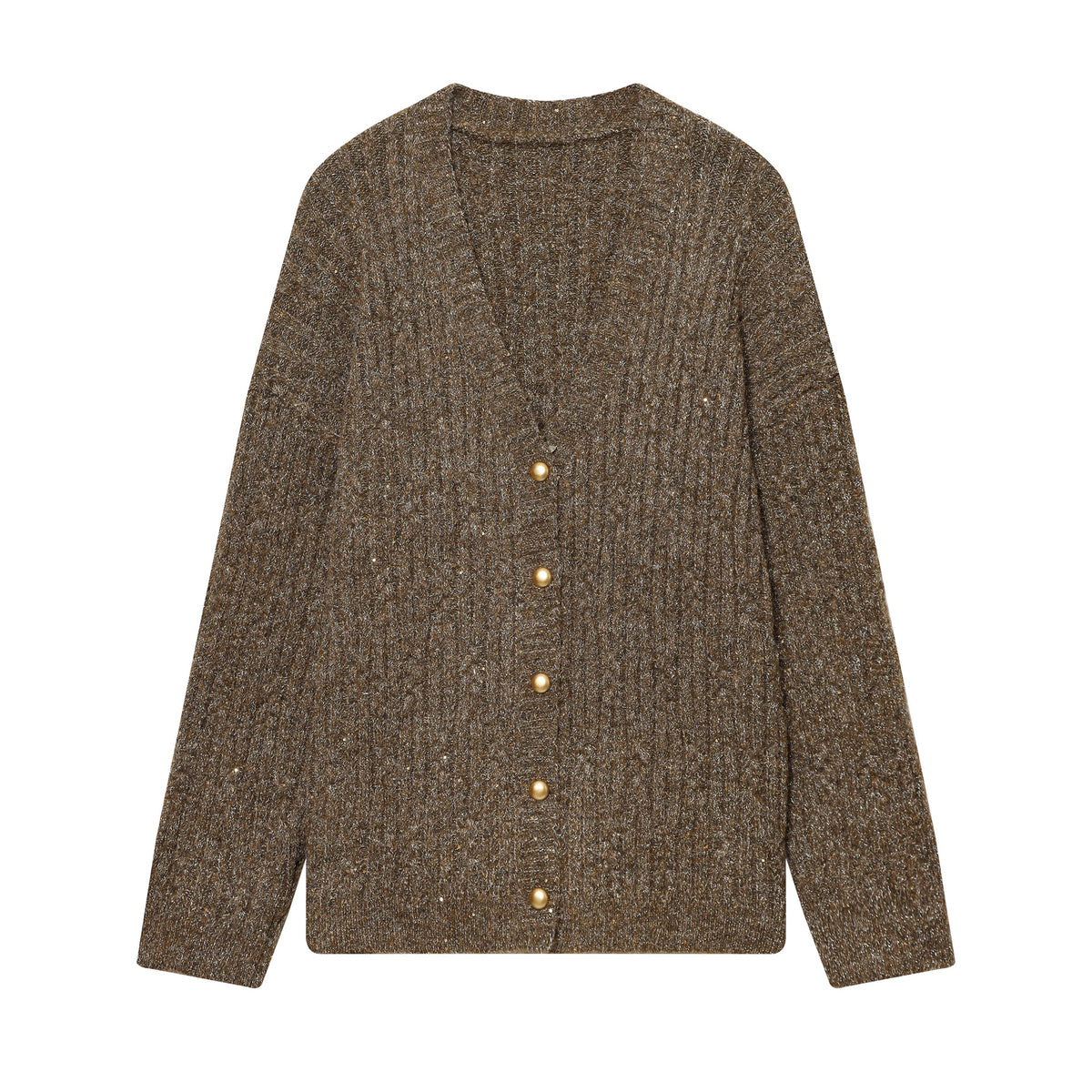 Women's Chunky Knit Cardigan with V-Neck and Golden Decorative Buttons EVA-US