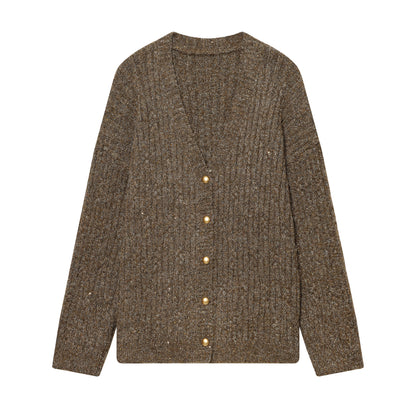 Women's Chunky Knit Cardigan with V-Neck and Golden Decorative Buttons EVA-US