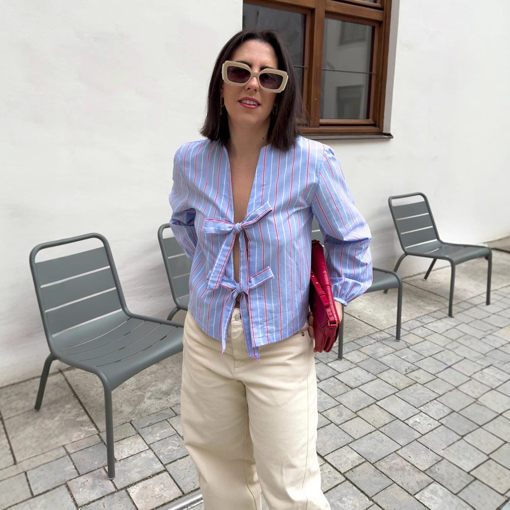 Ladies Striped Tied Blouse with Bow Front, V-Neck & Balloon Sleeves EVA-US