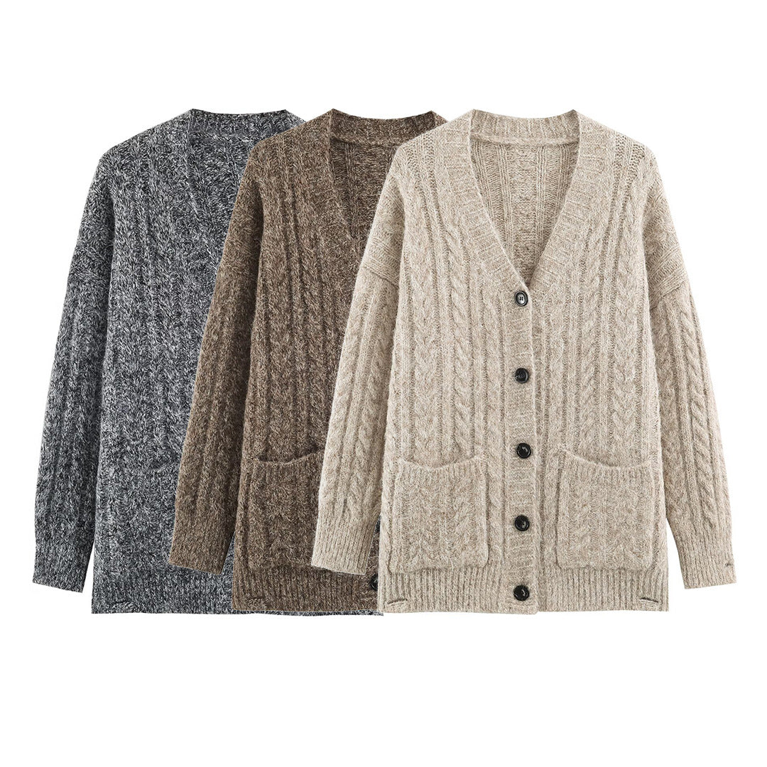 Women Large Knitted Oversize Cardigan with Cable Knit V-Neck and Patch Pockets EVA-US