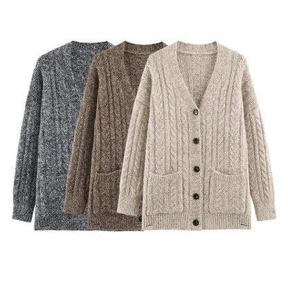 Women Large Knitted Oversize Cardigan with Cable Knit V-Neck and Patch Pockets EVA-US