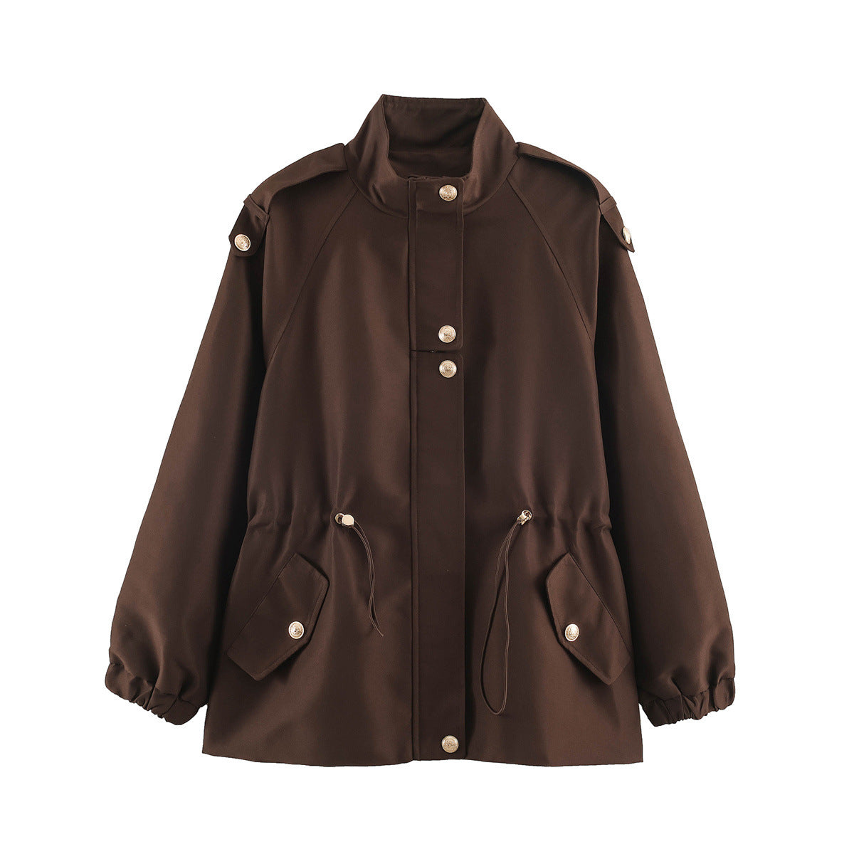 Women's short jacket in utility style with drawstring, raglan sleeves and metal button placket EVA-US