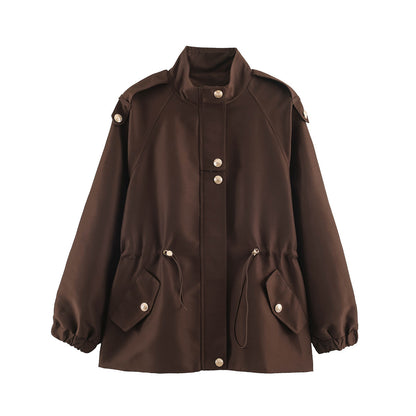 Women's short jacket in utility style with drawstring, raglan sleeves and metal button placket EVA-US