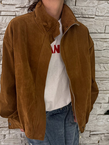 Women Oversize Velour Leather Blouson with High Stand Collar and Metal Zipper EVA-US