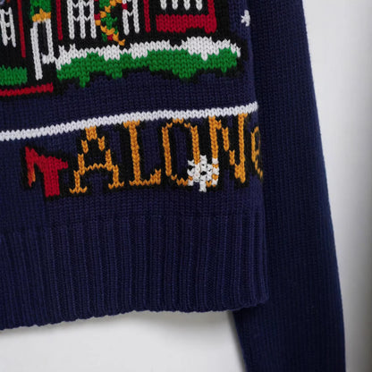 Women Cropped Christmas Sweater with Intarsia House Motif and Round Neckline EVA-US