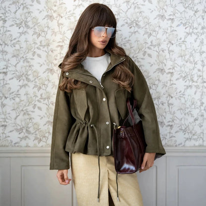 Women's short jacket made of suede look with hood, drawstring waist and patch pockets EVA-US
