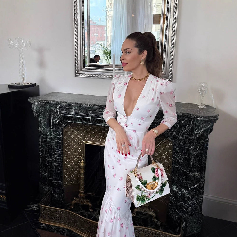 Women Floral Satin Midi Dress with Deep V-Neck, Puff Sleeves and Tapered Gather EVA-US