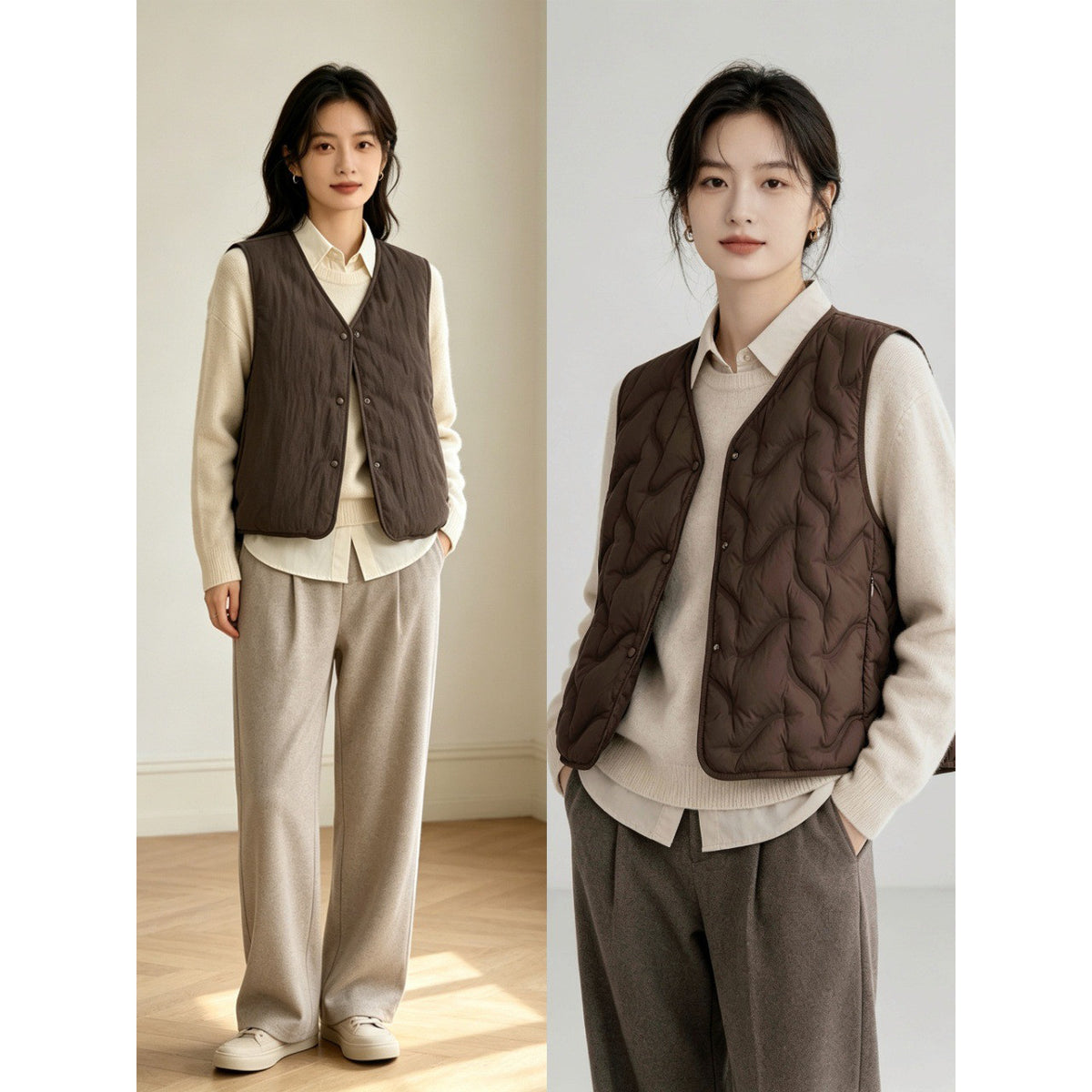 Women’s lightly padded quilted vest with V-neck and press studs EVA-US