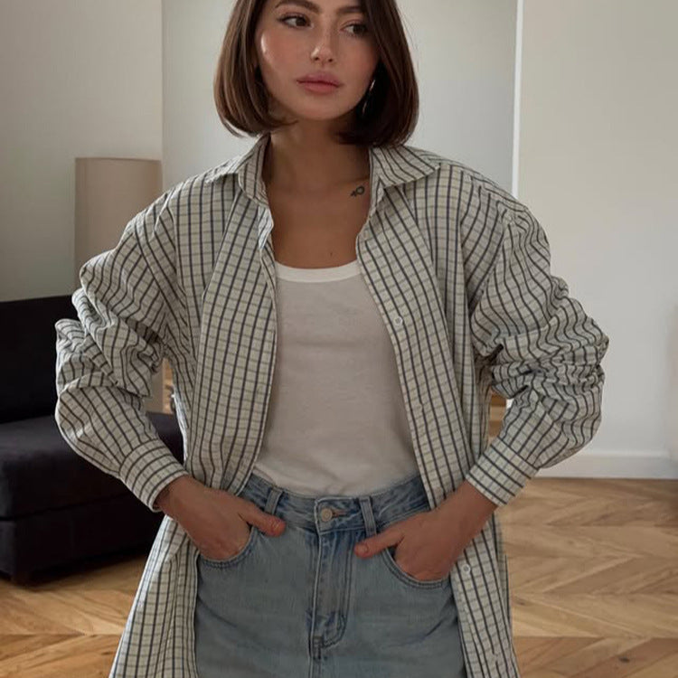 Ladies Checkered Oversized Shirt with Extended Hem EVA-US
