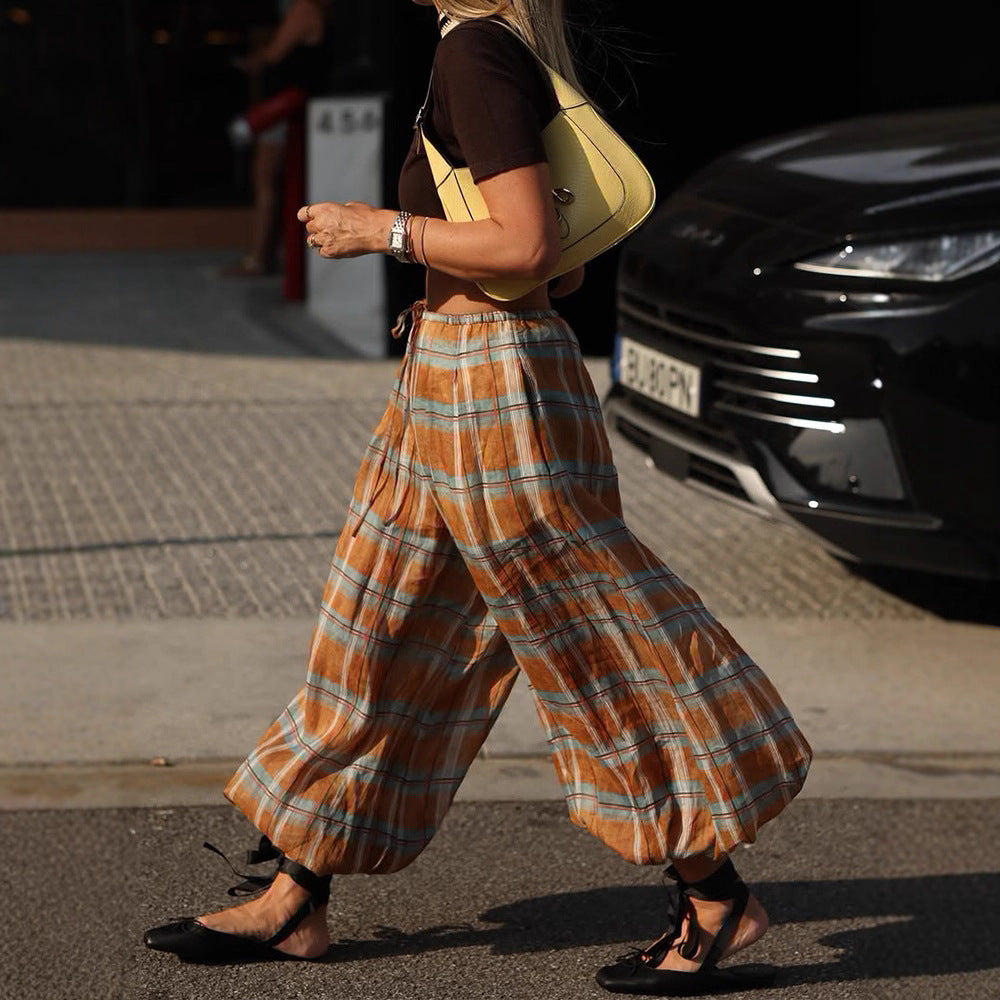 Women wide plaid harem pants with elastic waistband, drawstring & gathered ankle cuffs EVA-US