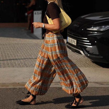Women wide plaid harem pants with elastic waistband, drawstring & gathered ankle cuffs EVA-US