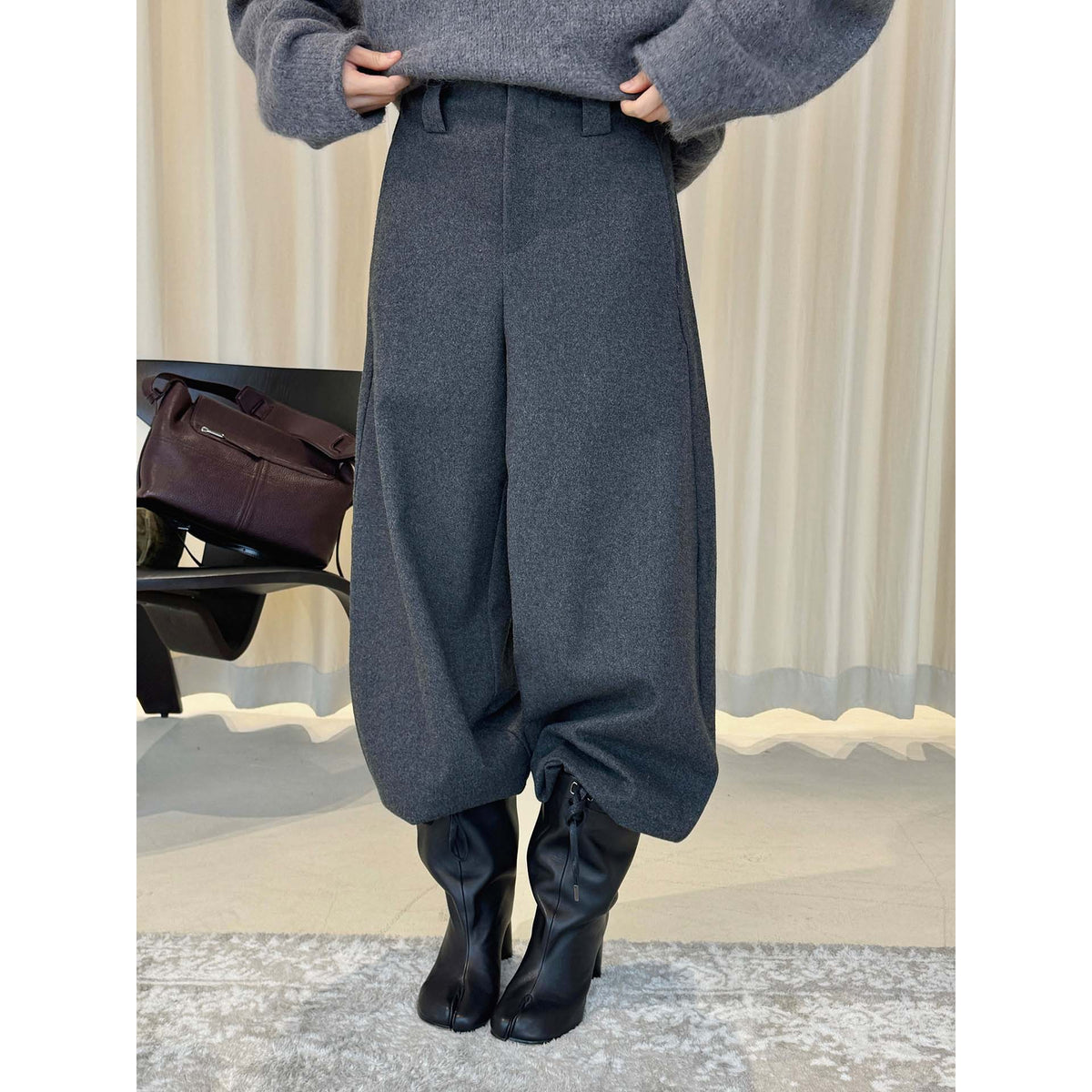 Women's high-waisted wool blend palazzo pants with wide leg and crease EVA-US