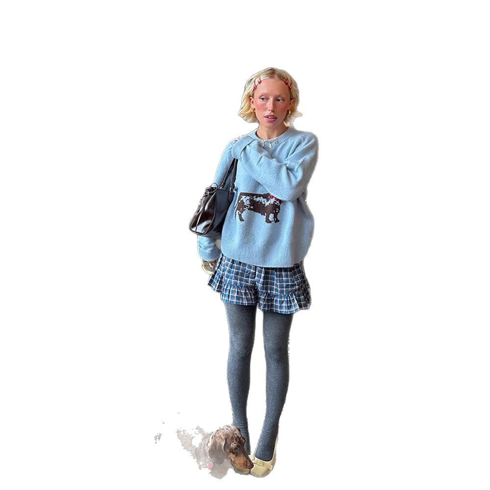 Women's knit sweater with dachshund intarsia and relaxed oversized fit EVA-US