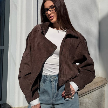 Ladies short-cut suede bomber jacket with belt & oversized sleeves EVA-US