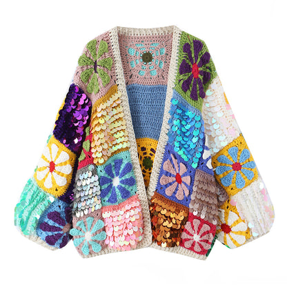 Women's playful crochet patchwork cardigan with sequins and flower appliqués EVA-US