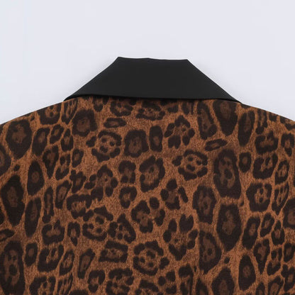 Women Double-Breasted Coat with Leopard Print and Satin Shawl Collar EVA-US