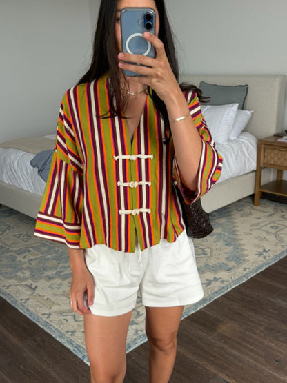Women's Striped Lightweight Short Blouse with V-Neck, Three-Quarter Sleeves & Decorative Knot Closures EVA-US