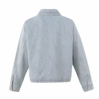 Unisex Short Striped Denim Blouson Jacket with Decorative Cords EVA-US