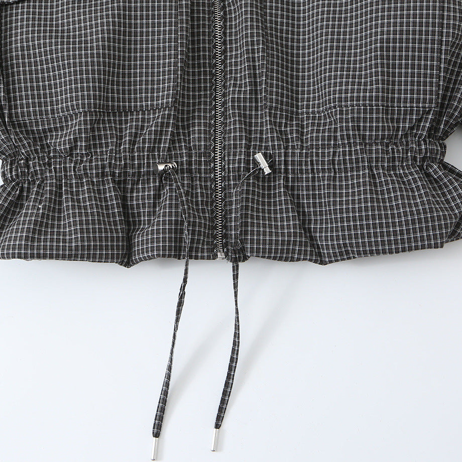 Women’s short jacket in checkered utility bomber with high stand collar and drawstring waist EVA-US