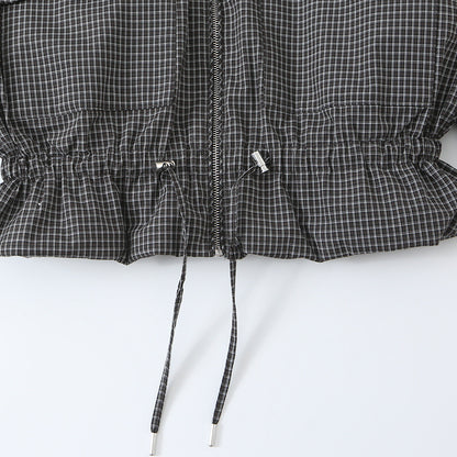 Women’s short jacket in checkered utility bomber with high stand collar and drawstring waist EVA-US