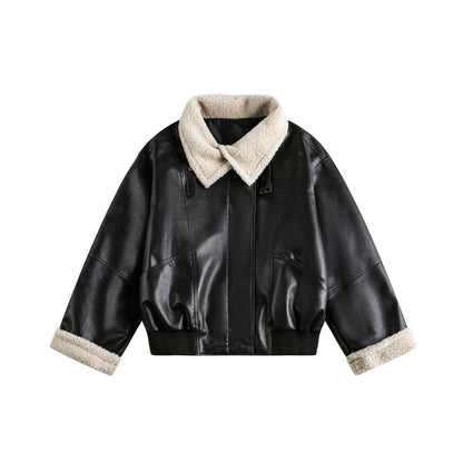Women’s Modern Aviator Blouson made of vegan leather with teddy collar and contrasted sleeve cuffs EVA-US