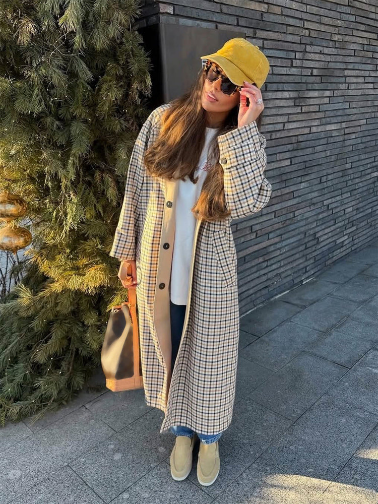 Women's Maxi Length Checked Wool Blend Coat with Straight Silhouette EVA-US