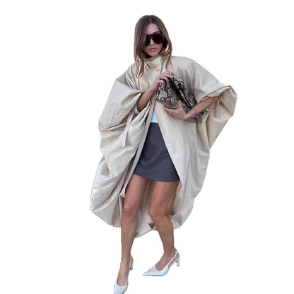 Women Oversize Cape Coat with Stand-Up Collar and Balloon-Shaped Silhouette EVA-US