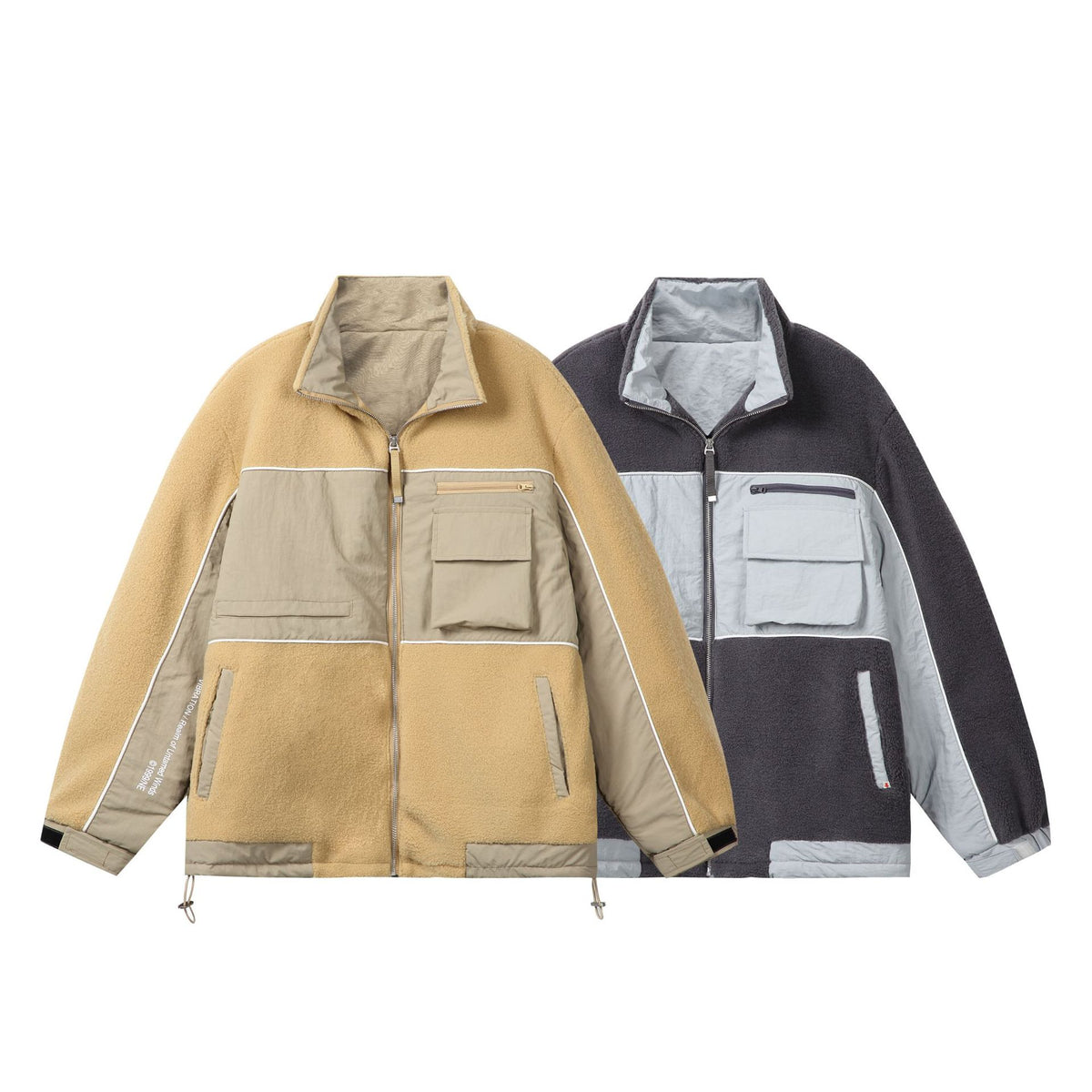 Unisex Oversize Fleece Field Jacket with Nylon Panels, High Stand-Up Collar and Drawstring EVA-US