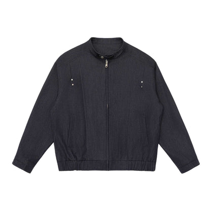 Unisex Short Cut Denim Utility Jacket with Funnel Neck and Drawstring Hem EVA-US