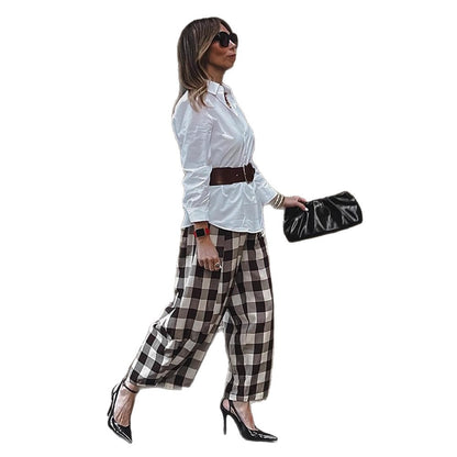 Women's Check High-Waisted Palazzo Pants with Wide Leg & Pleats EVA-US