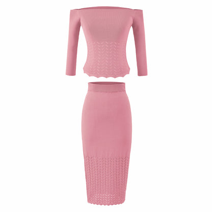Women's Two-Piece Knit Set with off-the-shoulder Neckline and Bodycon Pencil Skirt EVA-US