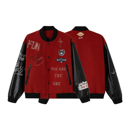 Unisex Varsity Bomber Jacket in College Look with Wool Blend Body and Faux Leather Sleeves EVA-US
