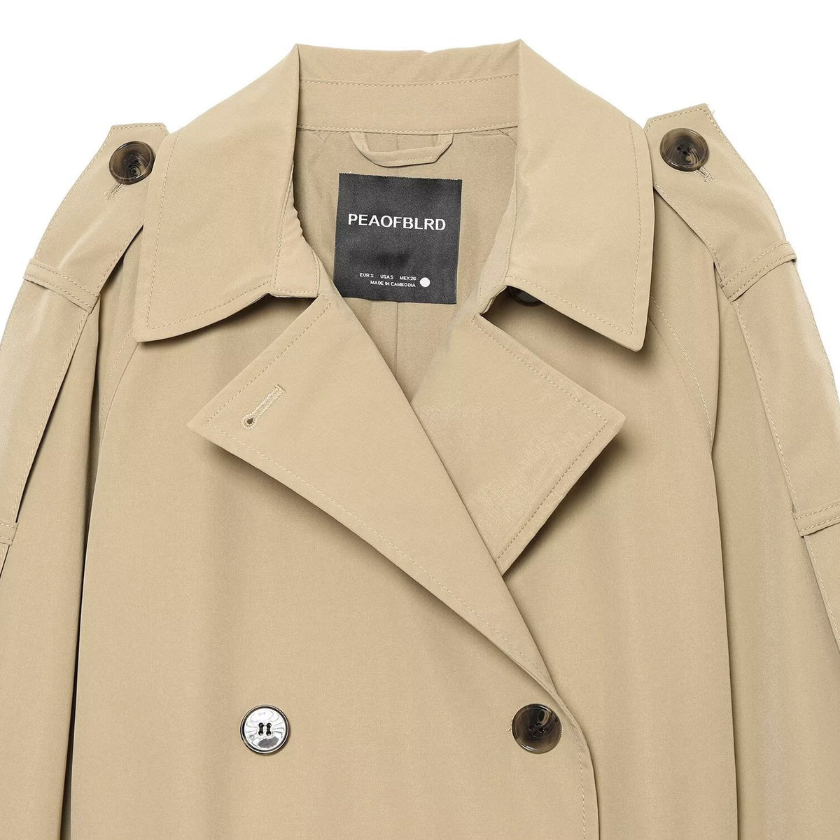 Women Double-breasted Trench Coat with Removable Cape Sleeves and Waist Belt EVA-US
