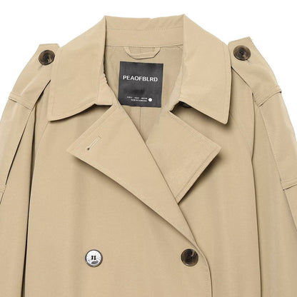 Women Double-breasted Trench Coat with Removable Cape Sleeves and Waist Belt EVA-US
