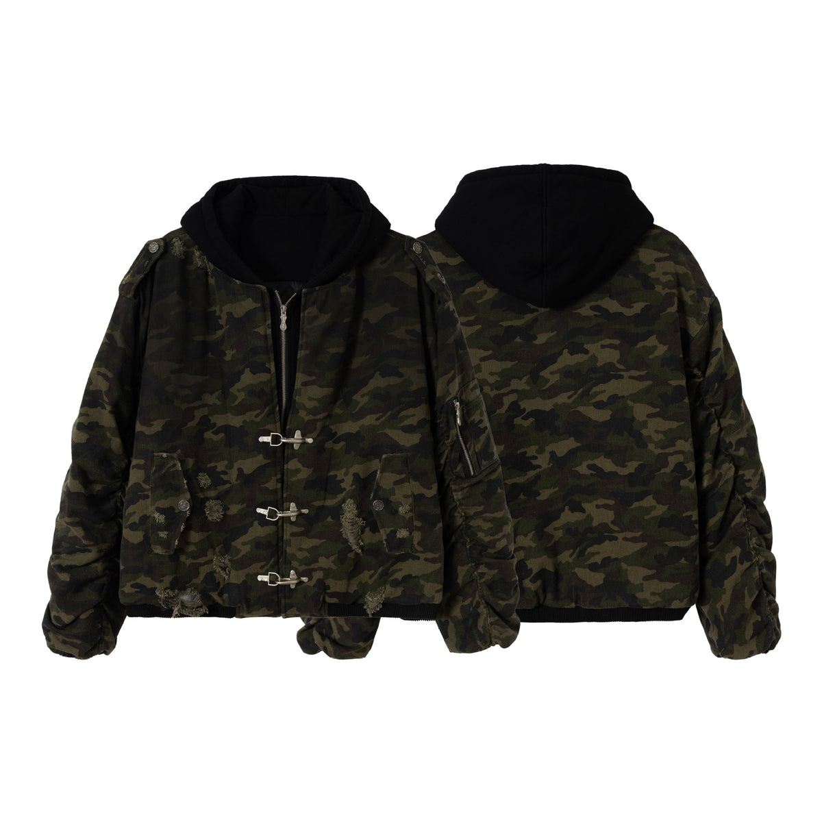 Men's Camouflage Utility Bomber Jacket with Hood, Distressed Details and Hook Closure EVA-US