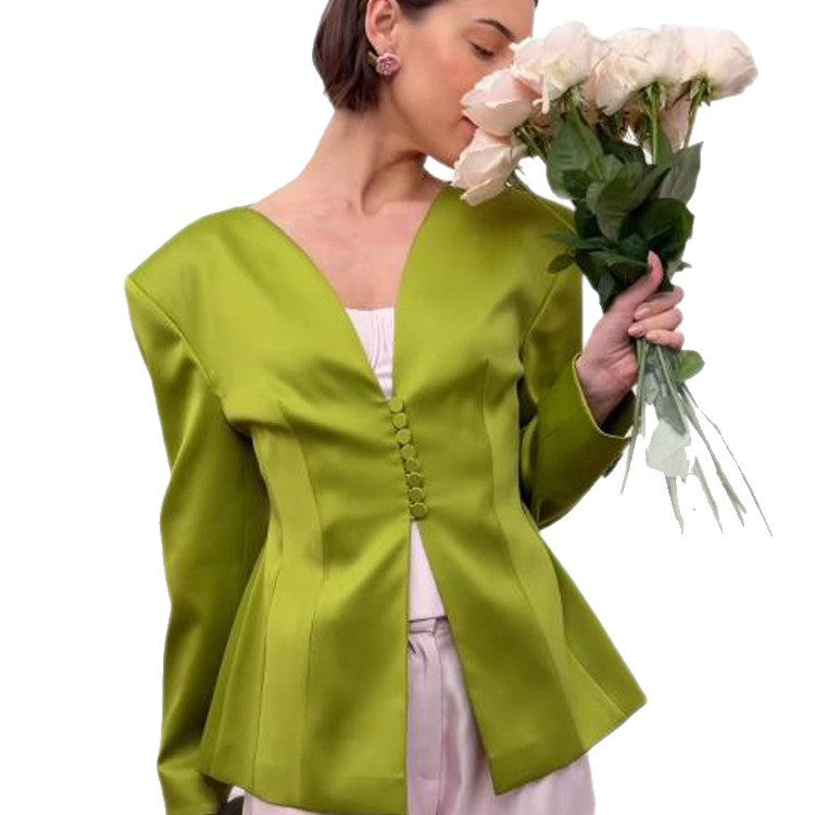 Women's Tailored Satin Blazer with Emphasized Peplum and Decorative Button Placket EVA-US