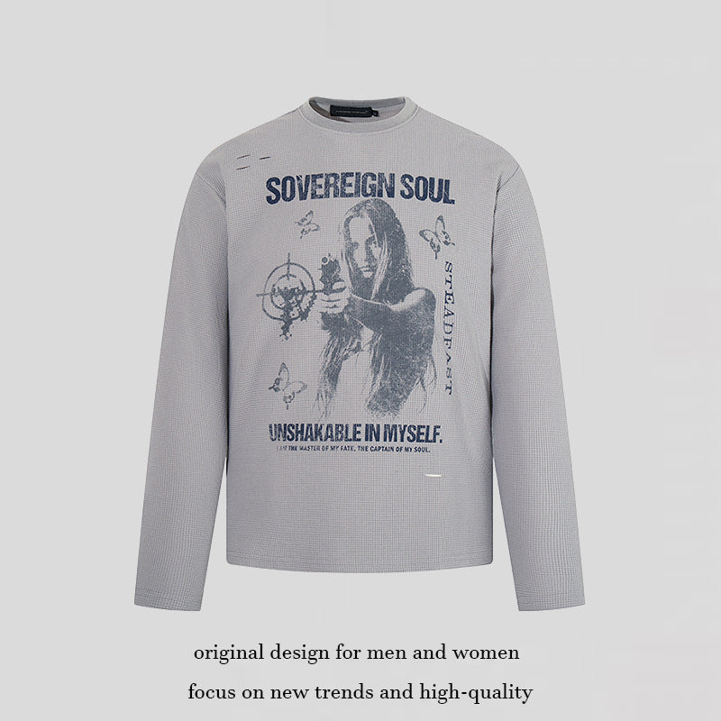 Men's long sleeve shirt in waffle knit with vintage graphic and relaxed fit EVA-US