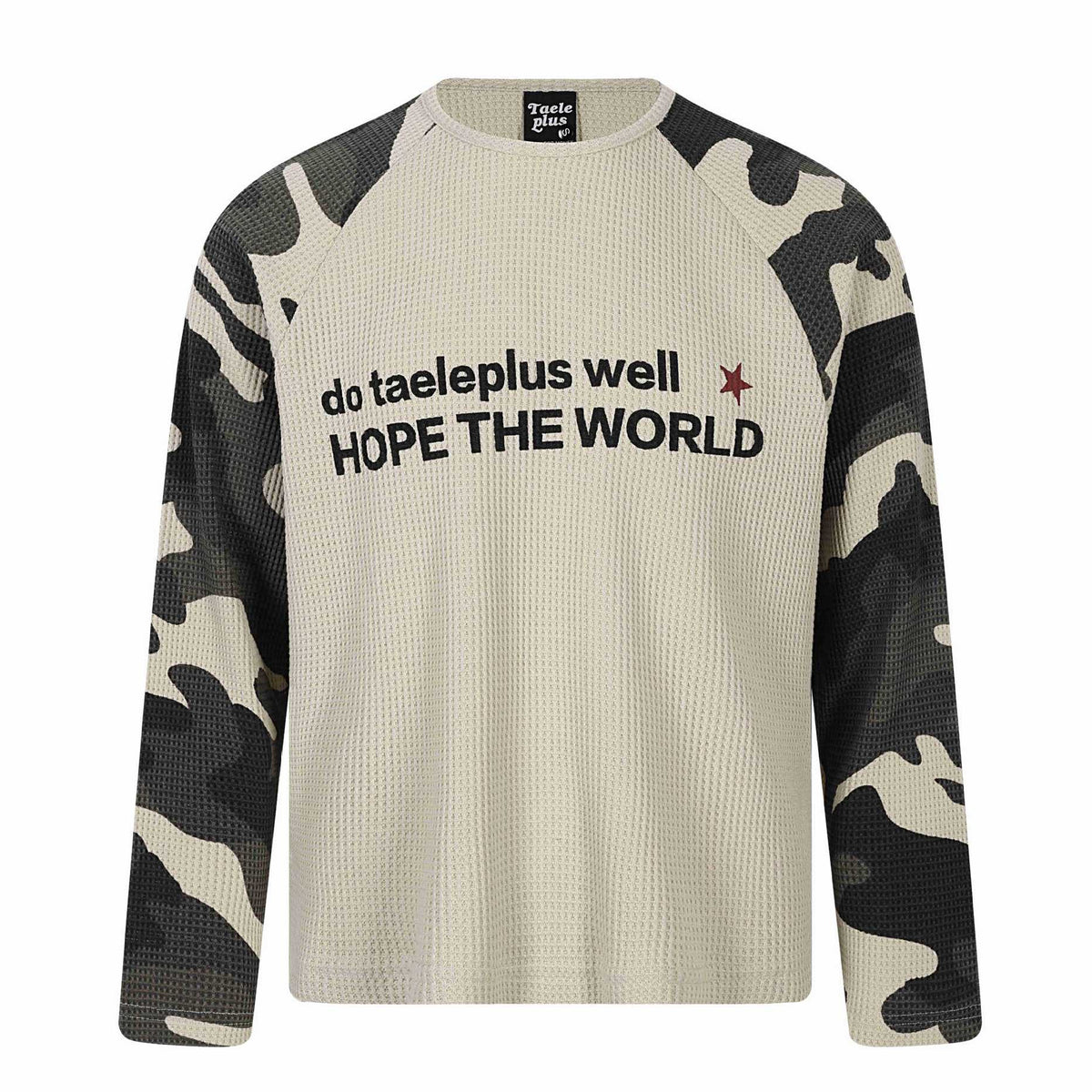 Unisex Waffle Knit Long Sleeve Shirt with Raglan Sleeves and Camouflage Details EVA-US