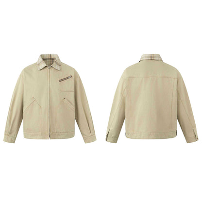 Men's short-cut canvas workwear blouson with check collar and zip chest pocket EVA-US