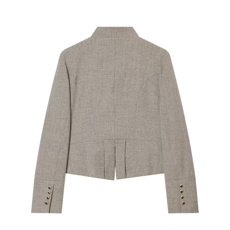 Women Cropped, tailored blazer with stand-up collar, double decorative button placket and asymmetrical hem EVA-US