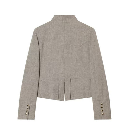 Women Cropped, tailored blazer with stand-up collar, double decorative button placket and asymmetrical hem EVA-US