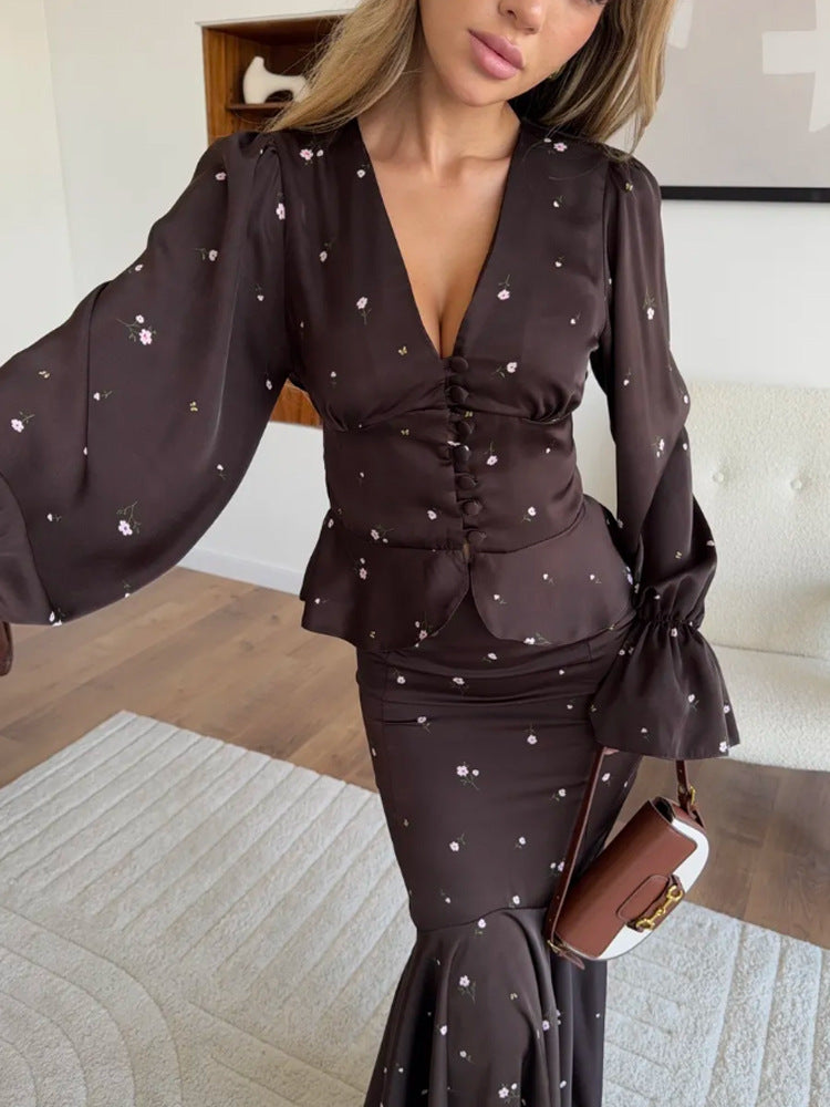 Women Two-Piece Satin Set with Fitted Button Top and Mermaid Skirt EVA-US