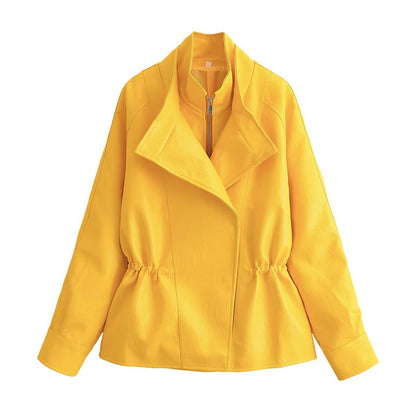 Women Short Faux Leather Jacket with Asymmetrical Lapel and Tailored Drawstring EVA-US