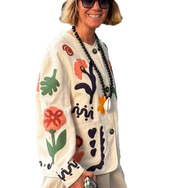 Women's embroidered boxy jacket with floral application and patch pockets EVA-US