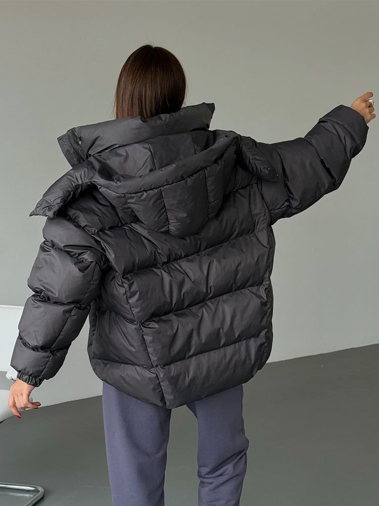 Ladies short puffer jacket with thermal filling, oversized hood & concealed two-way zipper EVA-US