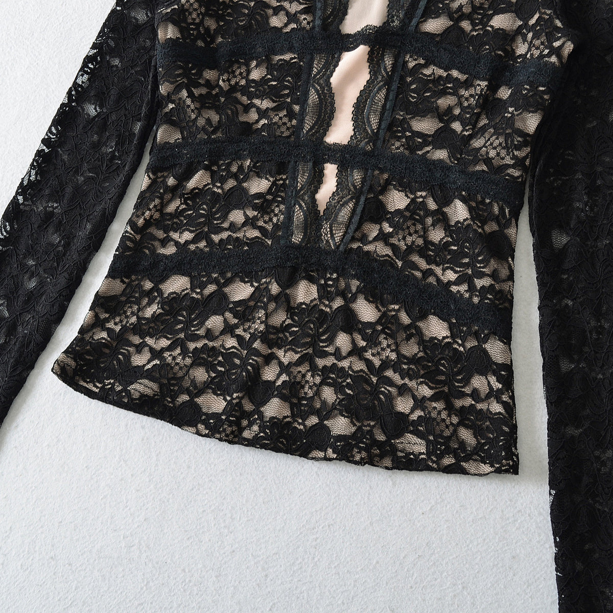 Women's Transparent Lace Blouse with V-Neck, Tailored Inserts and Long Sleeves EVA-US