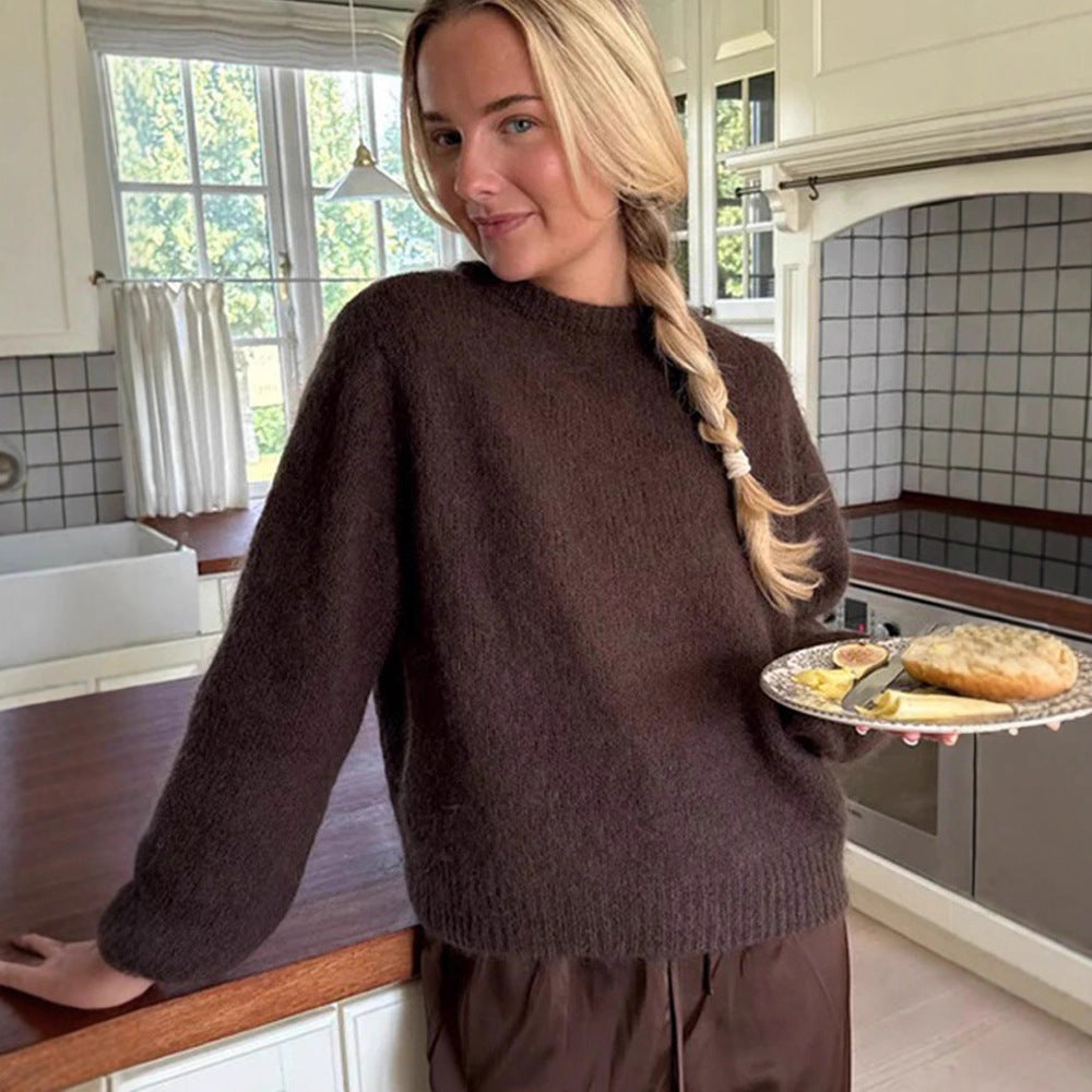 Women's Fluffy Round Neck Sweater with Balloon Sleeves and Boxy Silhouette EVA-US