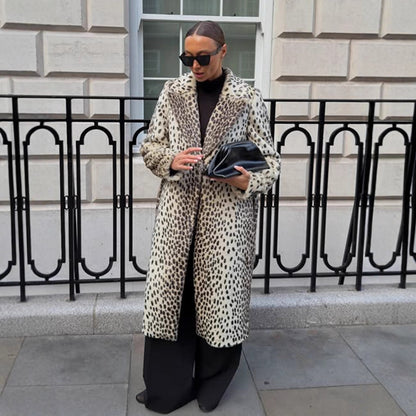 Women's Mid-Length Faux Fur Coat with Distinctive Spot Pattern and Notched Collar EVA-US